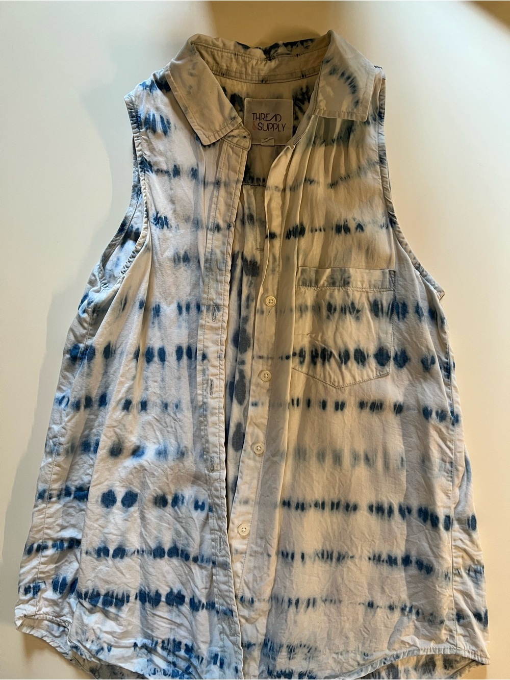 Thread & Supply Sleeveless Button-Down Shirt in Blue Tie-Dye